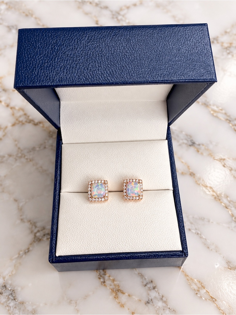 Opal Halo Square Stud Earrings in Rose Gold